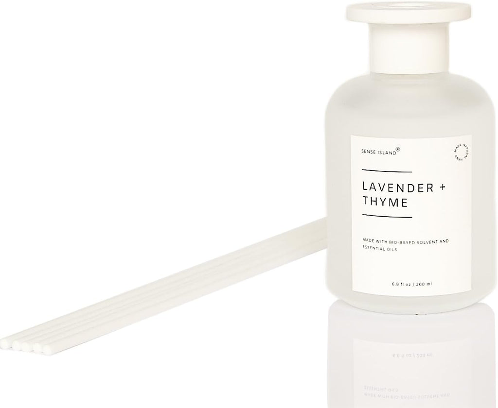 Reed Diffuser Set, Lavender Thyme Scent, 6.7 oz, Home Fragrance with 5 Diffuser Sticks Long Lasting Fragrance (White)
