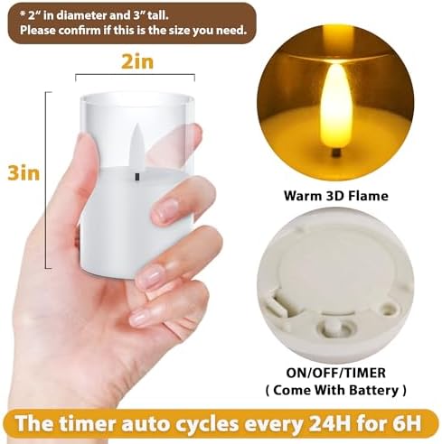 VIODAIM 12Pack Flickering Flameless LED Candles with Timer, Battery Powered - Small Pillar & Votive, Clear (2"X3") (Pack of 3)