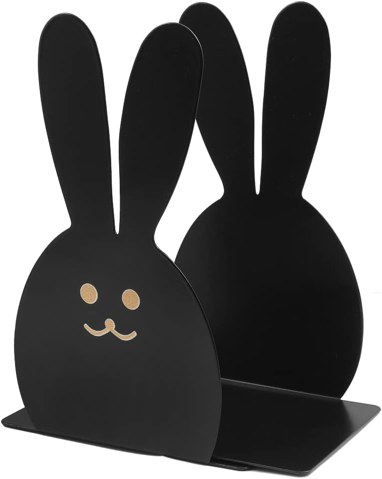 Lovely Bunny Bookends Rabbit Long Ears Metal Kid Bookends Student Book Ends Metal Office Desk School Library Decoration Bookshelf Book Organizer for Easter Christmas Birthday Kids Gift (Black)