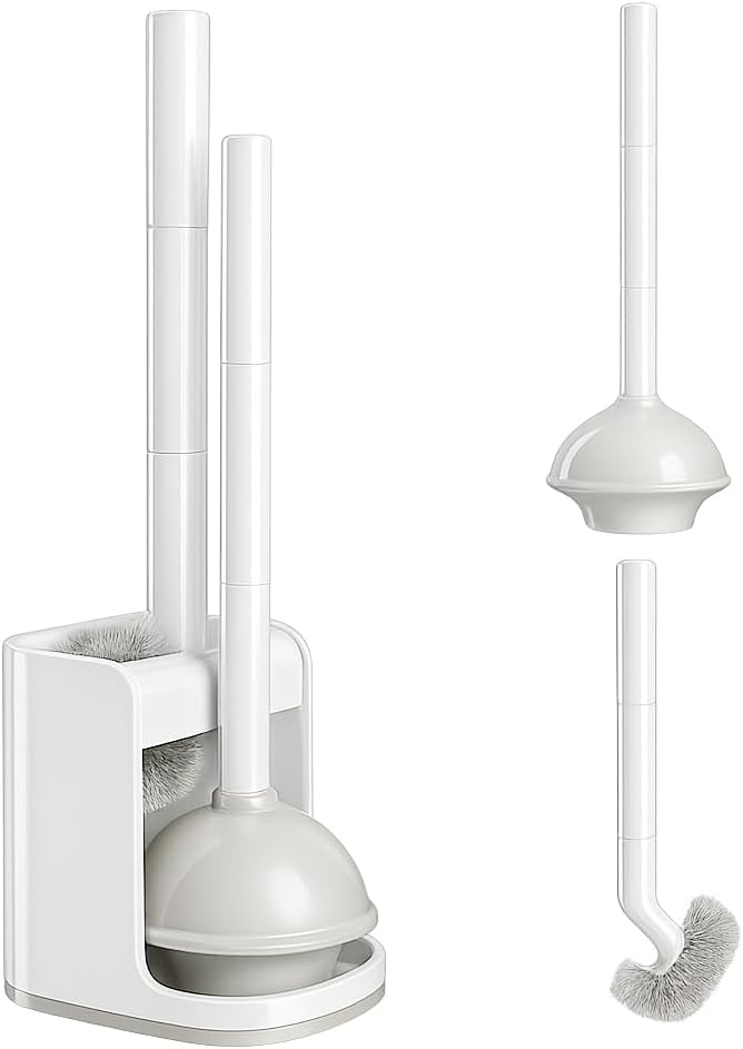 Toilet Plunger and Bowl Brush Combo for Bathroom Cleaning, White, 1 Set