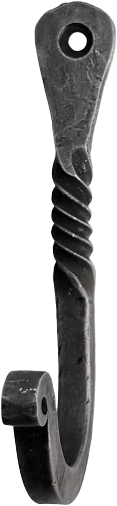 Living Ideas Hand Forged Twisted Wall Hook - Wrought Iron Handmade Coat Hooks - Blacksmith Metal Wall Kitchen Towel Hooks Rack - Black Antique Finish