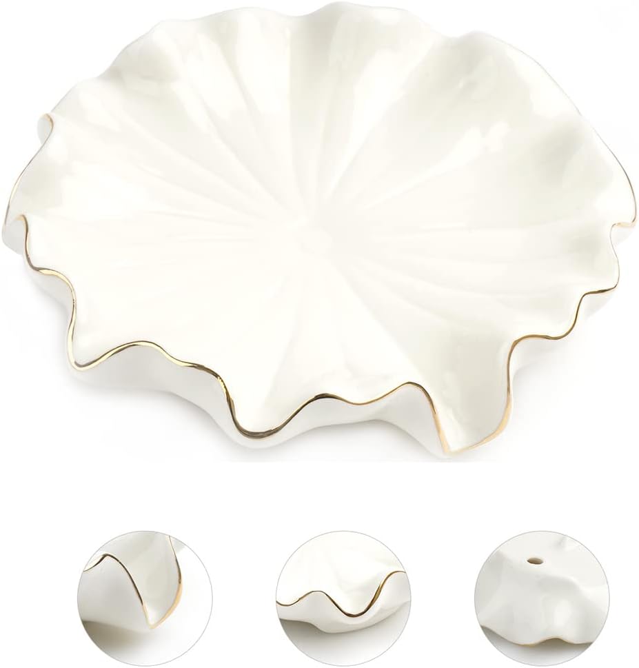 Soap Dish with Drain Ceramic White Lotus Leaf Soap Holder Soap Saver for Bar Soap, Kitchen Sink, and Bathroom Shower