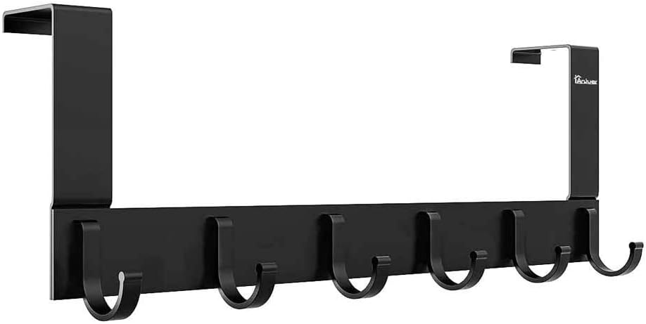Door Hooks Hanger Rack, Aluminum Utility Organizer Holder for Kithchen Bathroom, 6 Hooks Over the Door Hanger Black