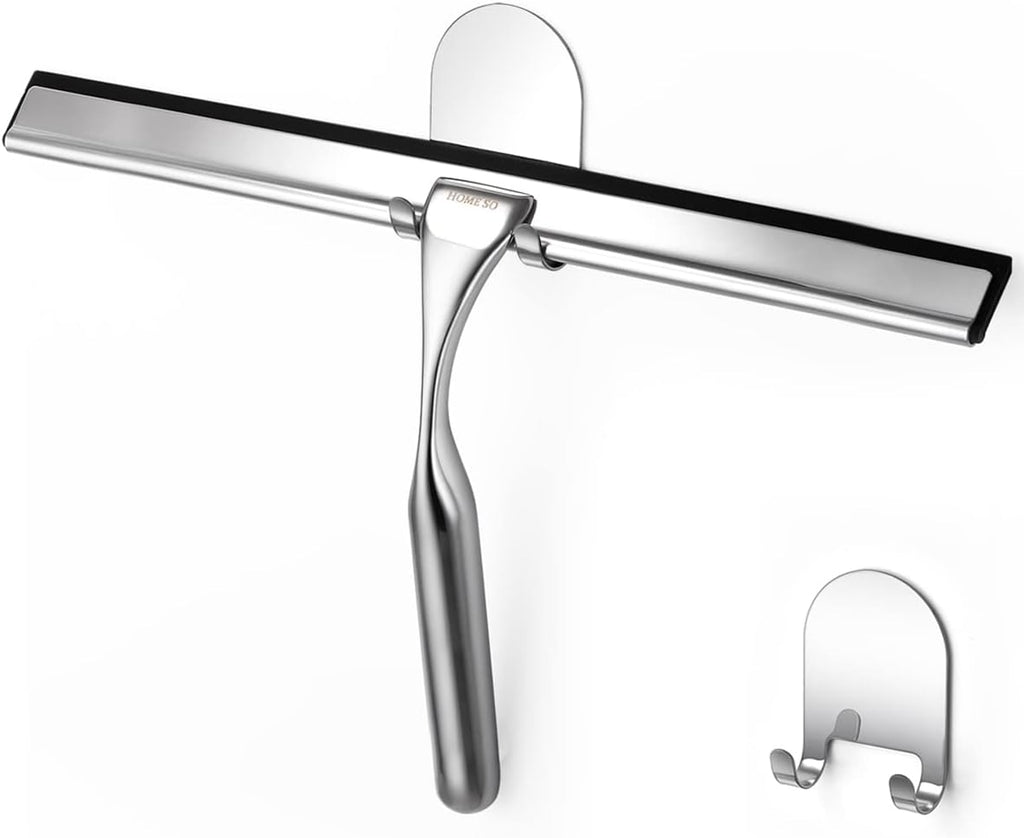 HOME SO Stainless Steel Shower Squeegee, Chrome Silver 12" Rubber Blade