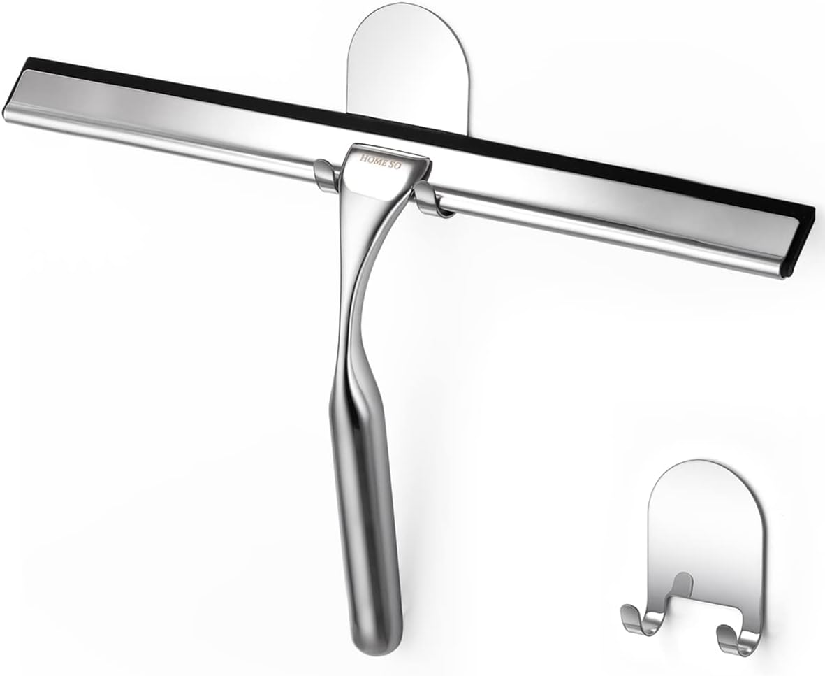 HOME SO Stainless Steel Shower Squeegee, Chrome Silver 12" Rubber Blade