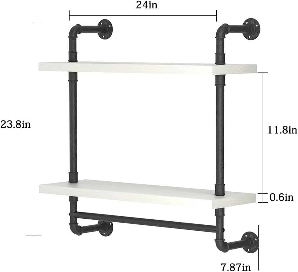 Helsin 24inch Industrial Pipe Shelving Bathroom Shelves Wall Mounted with Towel bar, 2 Tier Rustic Wood Floating Shelf, Metal Towel Rack Wall Shelf for Home & Bathroom (White, 24inch)
