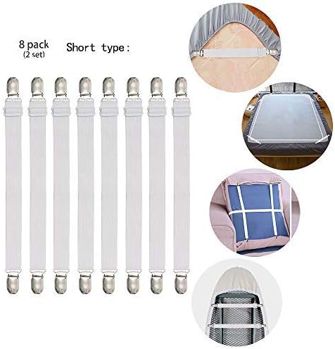 Adjustable Bed Sheet Straps Suspenders Elastic Sheet Fasteners Grippers Garters Clips for Flat & Fitted Sheet Corner Holder,Ironing Board Cover, Mattress, Cribs, Sofa Cushion& More(Short Type-8 Pack)