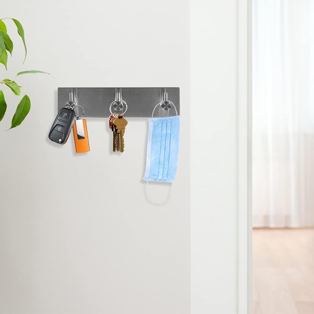 Picowe Key Holder for Wall Decorative, Adhesive Stainless Steel Key Hooks, Key Hanger Key Organizer for Wall, Towel Hook Coat Hanger for Entryway Hallway Kitchen(Three Rows,Sliver 1PCS)