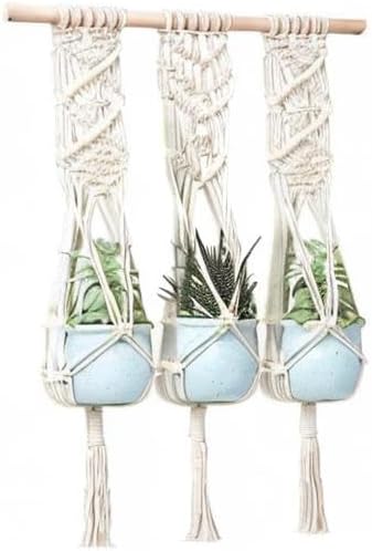 Macrame Plant Hanger with Wooden Dowel Three Tier Wall Hanging Planter Basket for Indoor Outdoor Flower Pot Plant Holder Wall Art Vintage-Inspired Home Boho Decor, Cotton Rope 4 Legs 41 inch