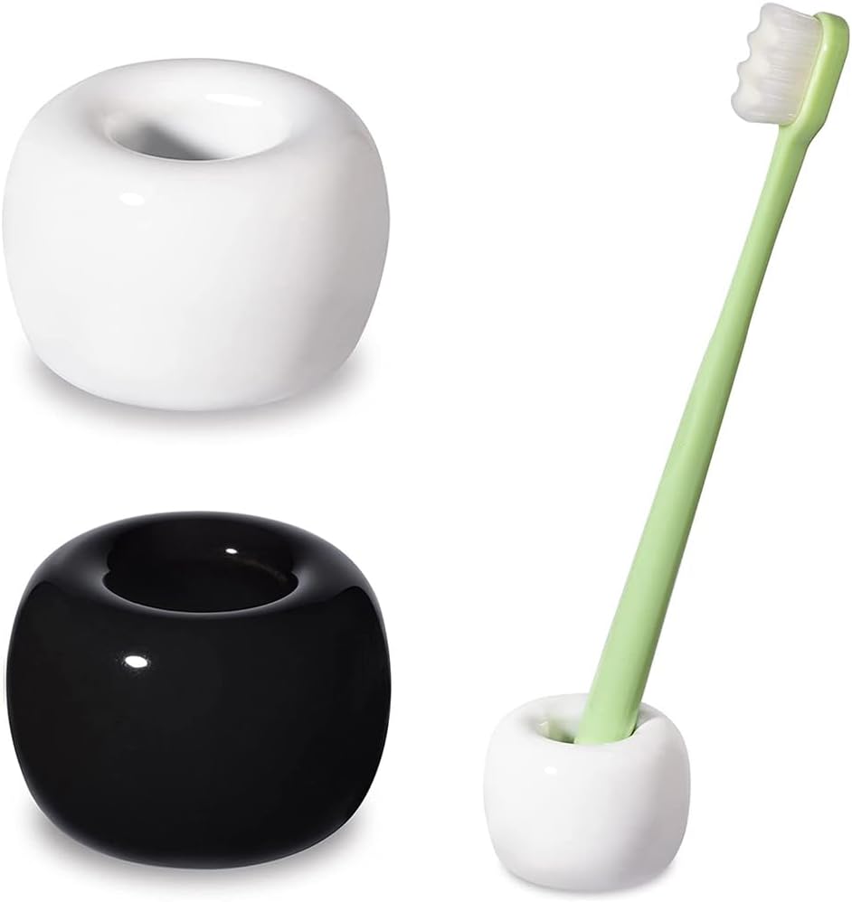 Mini Ceramics Toothbrush Holder Stand for Bathroom Vanity Countertop, Handmade Couple Toothbrush Head Holder, Shaver Holder and Office Pen Holder, Black&White, Pack of 2