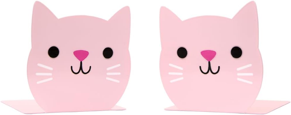Lovely Pink Cat Kids Bookends Student Book Ends Cartoon Metal Bookends Office Desk School Library Decoration Bookshelf Book Organizer for Christmas Birthday Back to School Gift Gift
