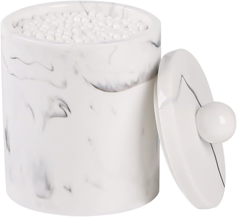 Marble Qtip Holder with Lid, White Resin Cotton Swab Container, Small Apothecary Storage Jars, Bathroom Q-Tip Holder for Cotton Balls, Swabs, Pads, Floss Picks