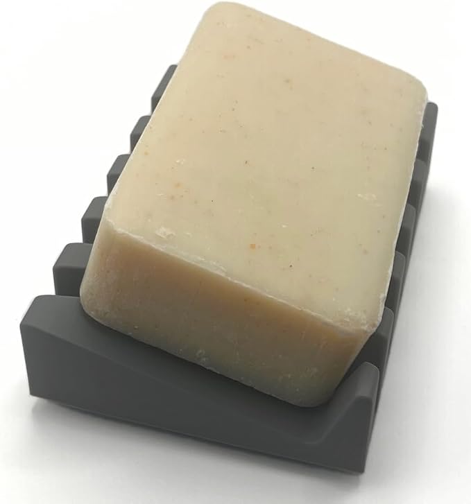 Silicone Draining Soap Dish, Sloped Angled Design, Chevron Pattern, Universal Fit, Extra Thick (Grey, 4.5"x3.2")