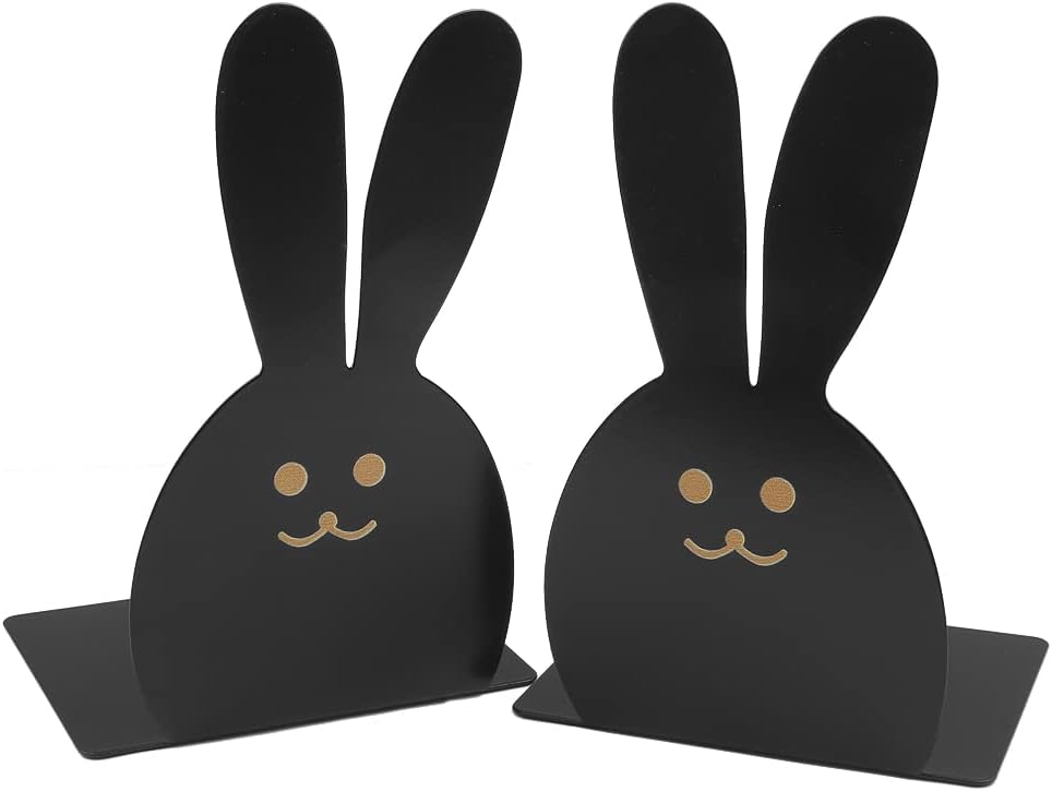 Lovely Bunny Bookends Rabbit Long Ears Metal Kid Bookends Student Book Ends Metal Office Desk School Library Decoration Bookshelf Book Organizer for Easter Christmas Birthday Kids Gift (Black)