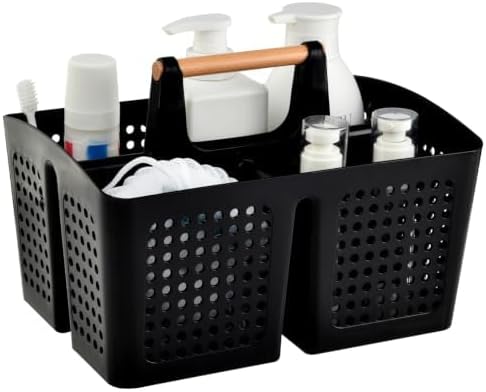 Portable Shower Caddy Basket with 3 Compartments and Handle, Black