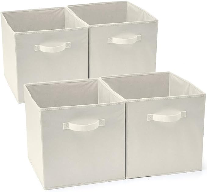 13x15x13 Large Storage Baskets [Set of 4] Warm Beige Fabric Storage Cubes, Collapsible Deep Closet Organizers with Sturdy Handles, Minimalist Decorative Bins