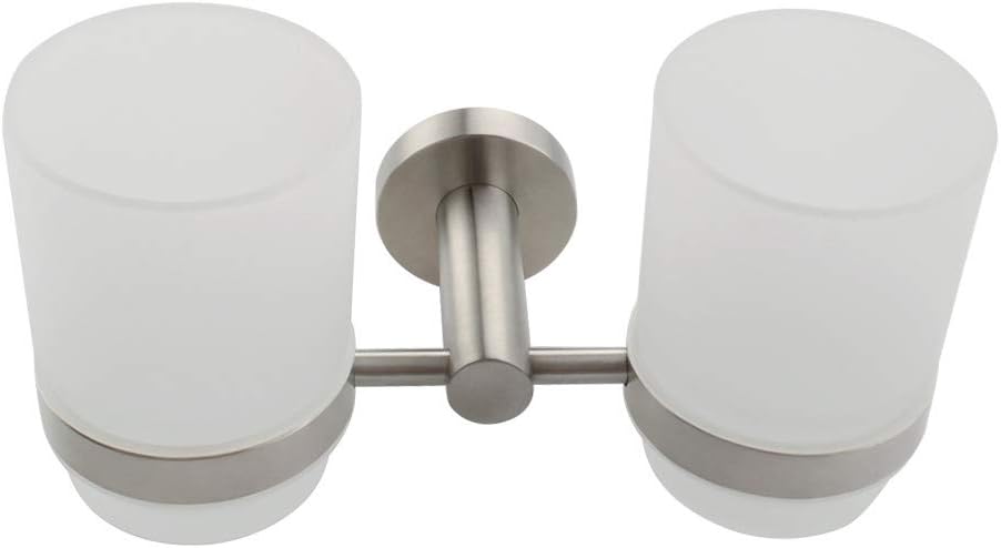 Angle Simple Double Toothbrush Holder Brushed Nickel, 2 Frosted Glass Cups