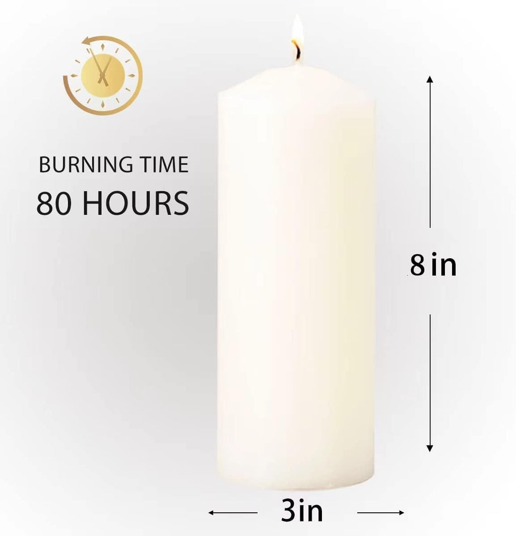 Pillar Candles Set of 2, Unscented Large White Emergency Candle, 3x8 inches Hand Poured Tall Candles Bulk, Non-Toxic Smokeless Dripless and Unscented Candles for Home Wedding Decor