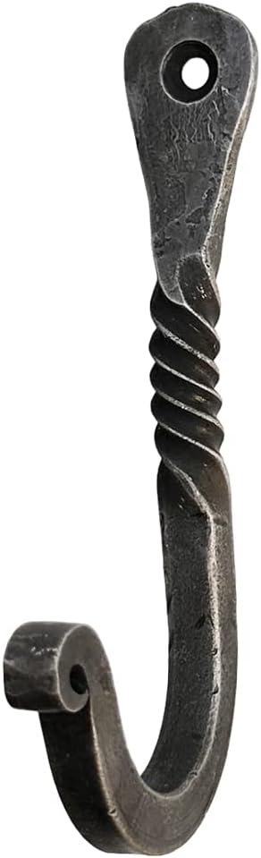 Living Ideas Hand Forged Twisted Wall Hook - Wrought Iron Handmade Coat Hooks - Blacksmith Metal Wall Kitchen Towel Hooks Rack - Black Antique Finish