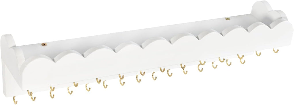 Wall Mount Jewelry Organizer with 28 Hooks and Cosmetics Shelf, Modern Wood Hanging Jewelry Holder for Necklaces, Bracelets, Earrings and Rings, White
