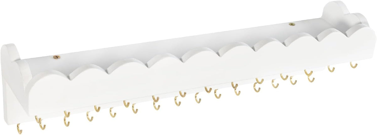 Wall Mount Jewelry Organizer with 28 Hooks and Cosmetics Shelf, Modern Wood Hanging Jewelry Holder for Necklaces, Bracelets, Earrings and Rings, White
