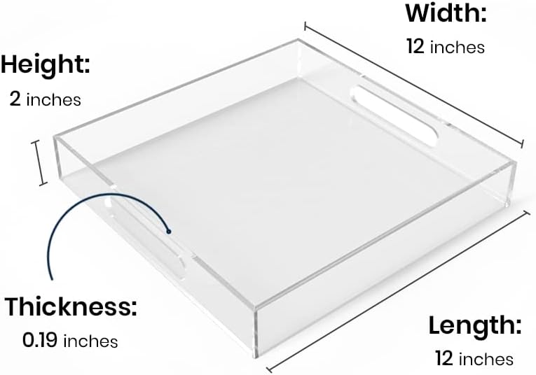 Acrylic Serving Tray (12x12x2Inch) with Handles -Spill Proof- Clear Decorative Tray for Appetizer,Breakfast -Countertop Organizer Storage Tray for Kitchen,Bathroom,Living Room