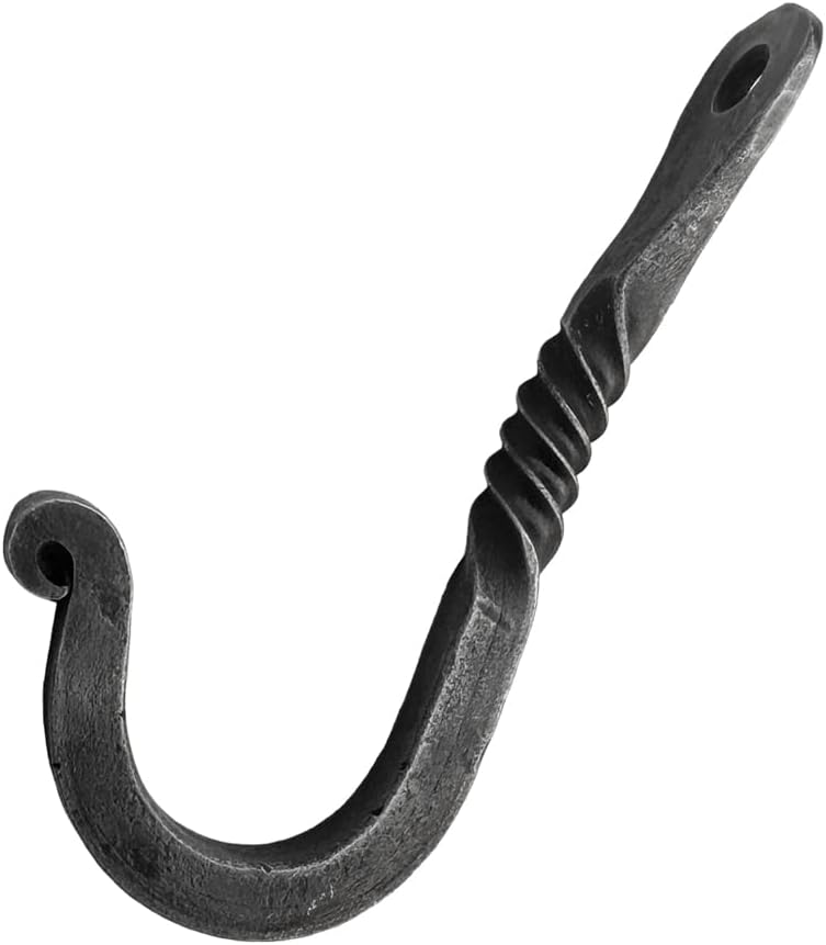 Living Ideas Hand Forged Twisted Wall Hook - Wrought Iron Handmade Coat Hooks - Blacksmith Metal Wall Kitchen Towel Hooks Rack - Black Antique Finish