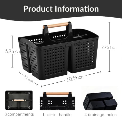 Portable Shower Caddy Basket with 3 Compartments and Handle, Black