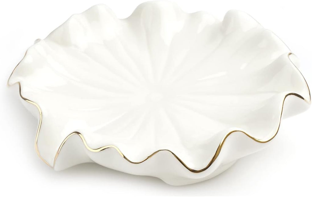 Soap Dish with Drain Ceramic White Lotus Leaf Soap Holder Soap Saver for Bar Soap, Kitchen Sink, and Bathroom Shower