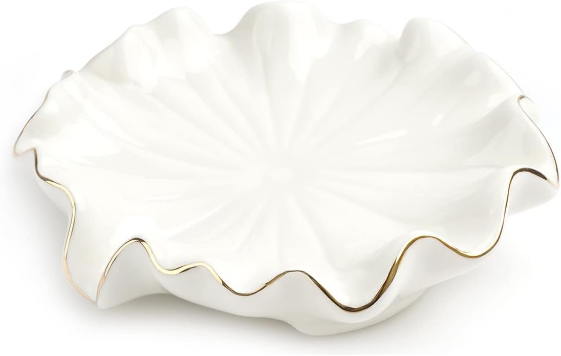 Soap Dish with Drain Ceramic White Lotus Leaf Soap Holder Soap Saver for Bar Soap, Kitchen Sink, and Bathroom Shower