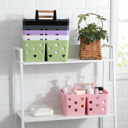 White Portable Shower Caddy, Plastic Basket Organizer with Wooden Handle