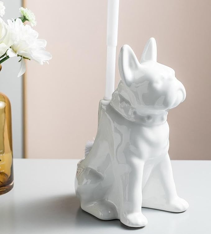 Comeon Ceramic Dog White Toilet Brush and Holder Set, Plastic Handle