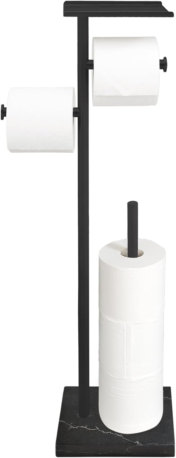 GZILA Toilet Paper Holder Stand with Shelf, Marble Base Free Standing Toilet Paper Double Roll Holder Dispenser, SUS 304 Stainless Steel Storages 5 Reserve Rolls Matte Black