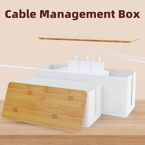 2-Pack Cord Organizer Box with Lids, White Cable Management Box Set, No-Drill Charger & Computer Wire Organizers for Desk, TV, Router, Computer, and Outlets in The Office, Study, Kitchen Areas