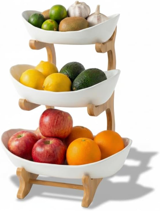 Bamboo Fruit Stand - 3 Tier Ceramic Fruit Bowls with Wooden Stand – Fruit Holder for Kitchen, Dining Table & Living Room – Decorative Countertop Organizer for Fruits, Vegetables & Snacks