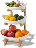 Bamboo Fruit Stand - 3 Tier Ceramic Fruit Bowls with Wooden Stand – Fruit Holder for Kitchen, Dining Table & Living Room – Decorative Countertop Organizer for Fruits, Vegetables & Snacks