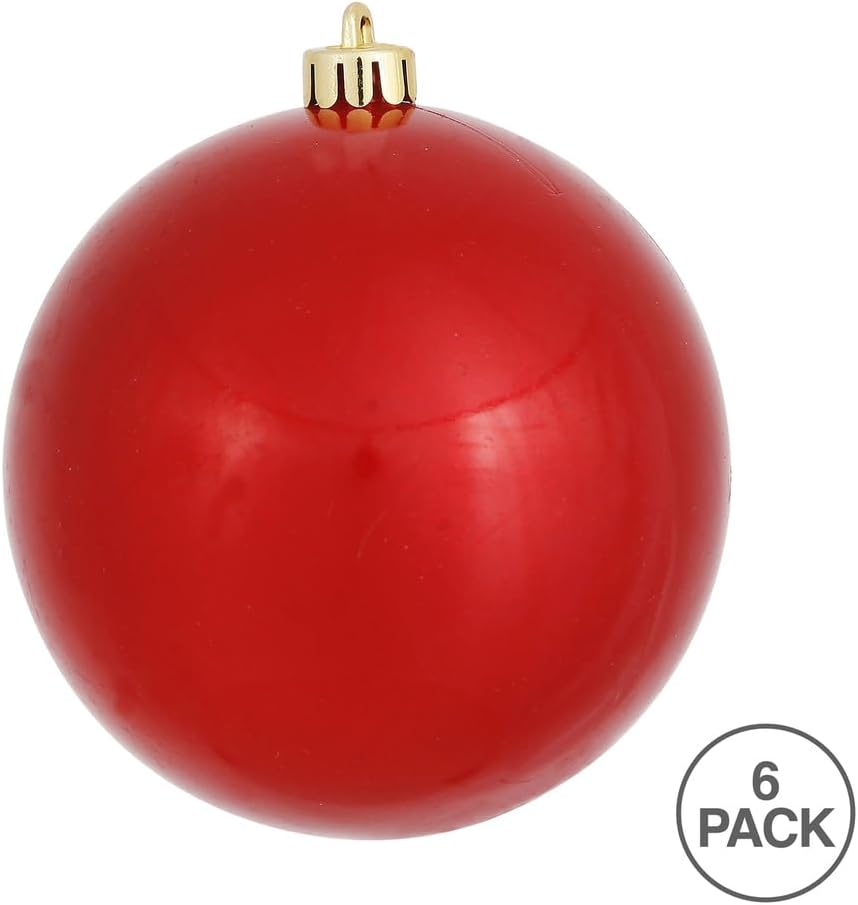 Vickerman 4" Red Christmas Ornaments - Set of 6 Candy Finish Shatterproof Christmas Ball Ornaments, UV Resistant Plastic with Floral Wire Loop for Hanging