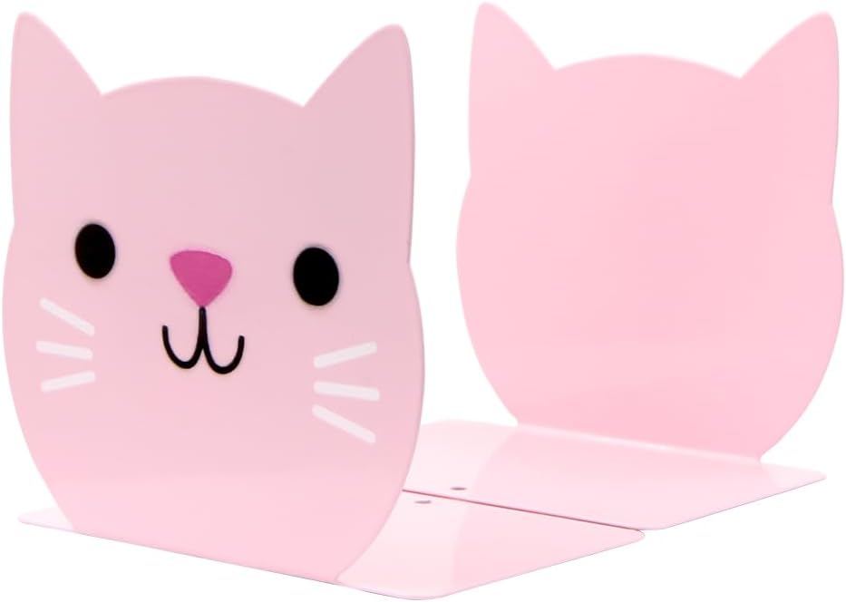 Lovely Pink Cat Kids Bookends Student Book Ends Cartoon Metal Bookends Office Desk School Library Decoration Bookshelf Book Organizer for Christmas Birthday Back to School Gift Gift