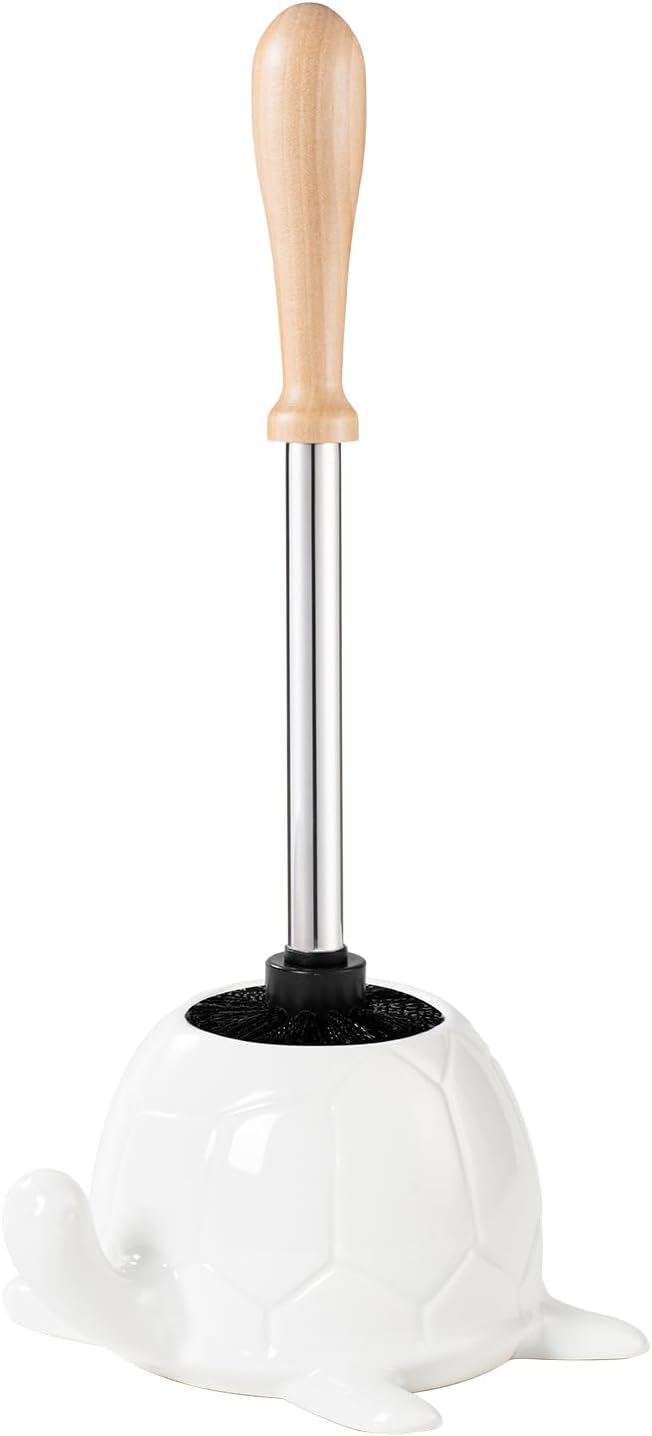 White Ceramic Turtle Base Toilet Brush and Holder Set Turtle Bathroom Brush