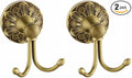 Antique Brass Towel Hook, Wall Mounted Bathroom Hook for Clothing & Robe Hanger, Screws Install Shower Wall Hook, Vintage Gold Brass Petal-Relief Series Longhorn Double Hook (Pack of 2)