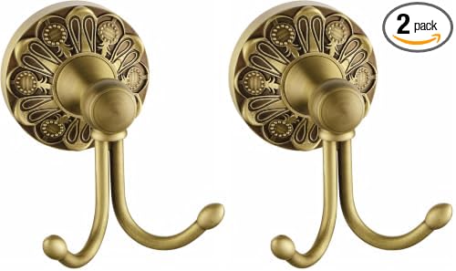 Antique Brass Towel Hook, Wall Mounted Bathroom Hook for Clothing & Robe Hanger, Screws Install Shower Wall Hook, Vintage Gold Brass Petal-Relief Series Longhorn Double Hook (Pack of 2)