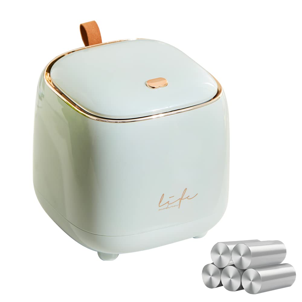 Mini Countertop Trash Can with 5 Rolls of Trash Bags, Waste Can with Press Type Lid, 0.5 Gallon/1.5 Liter Wastebasket Trash Can Dispenser, Mini Bin for Bathroom Vanity,Coffee Table (Light Green)