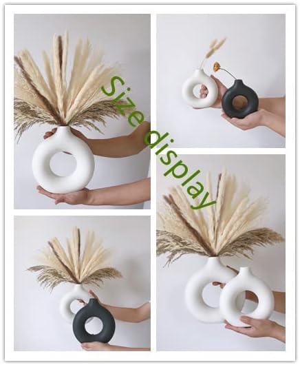 White Ceramic Vases for Pampas Grass,Water Drop Design Doughnut vase Modern Home Decor Minimalist Nordic Boho Ins Style (Black Medium)