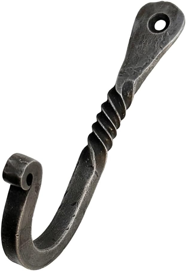 Living Ideas Hand Forged Twisted Wall Hook - Wrought Iron Handmade Coat Hooks - Blacksmith Metal Wall Kitchen Towel Hooks Rack - Black Antique Finish