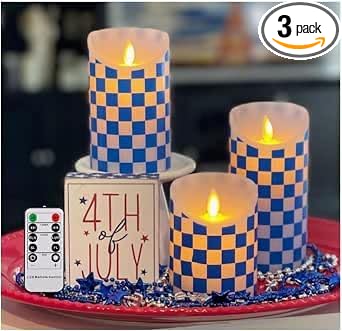Flickering Flameless Wax Coated Candles: Set of 3 Battery-Operated LED with Remote with Timer (Blue Check)
