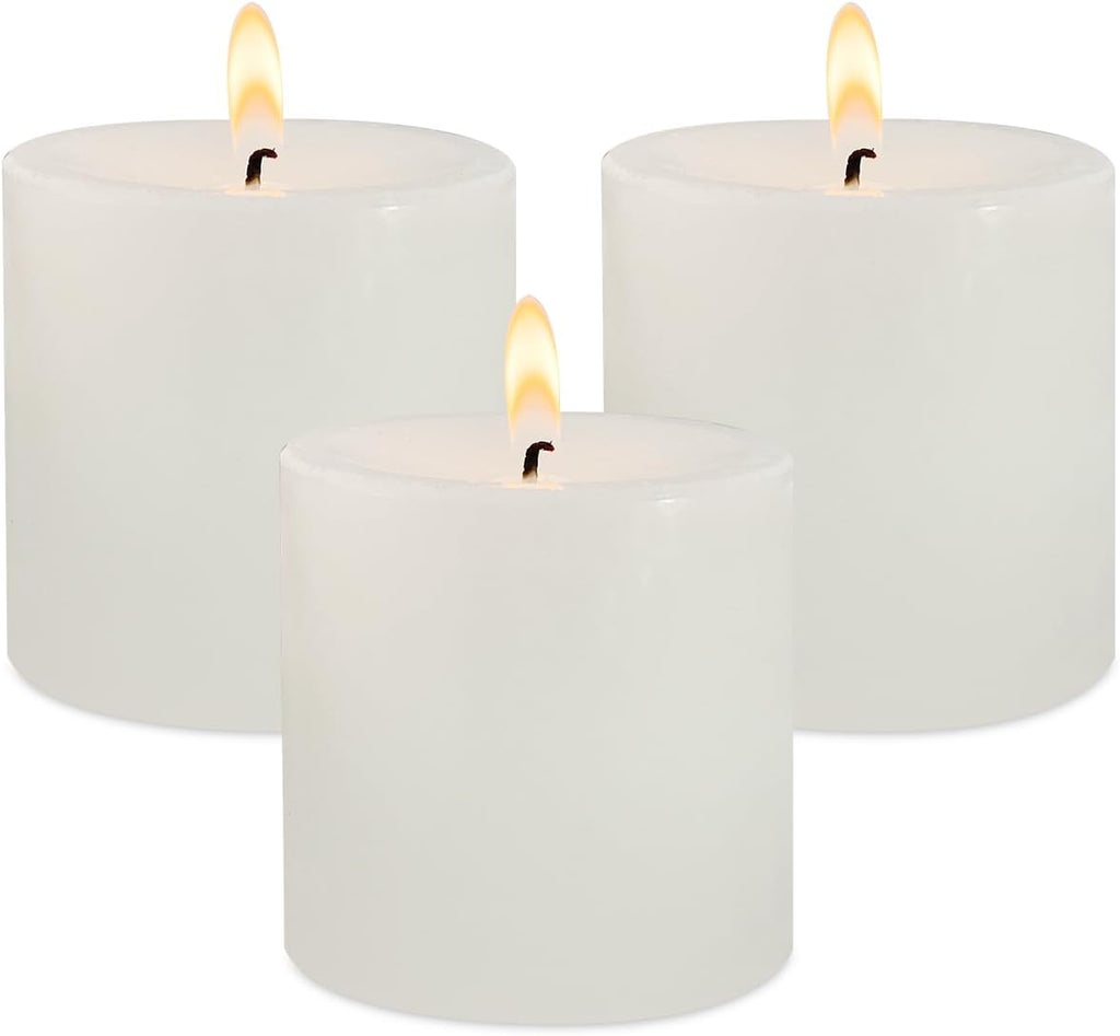 3" x 3" Hand-Poured Unscented White Pillar Candles, Dripless Candles Set of 3, Smokeless, Clean Burning, Approx 40 Hours Burn Time, Wedding, Dinner, Christmas and Home Decor