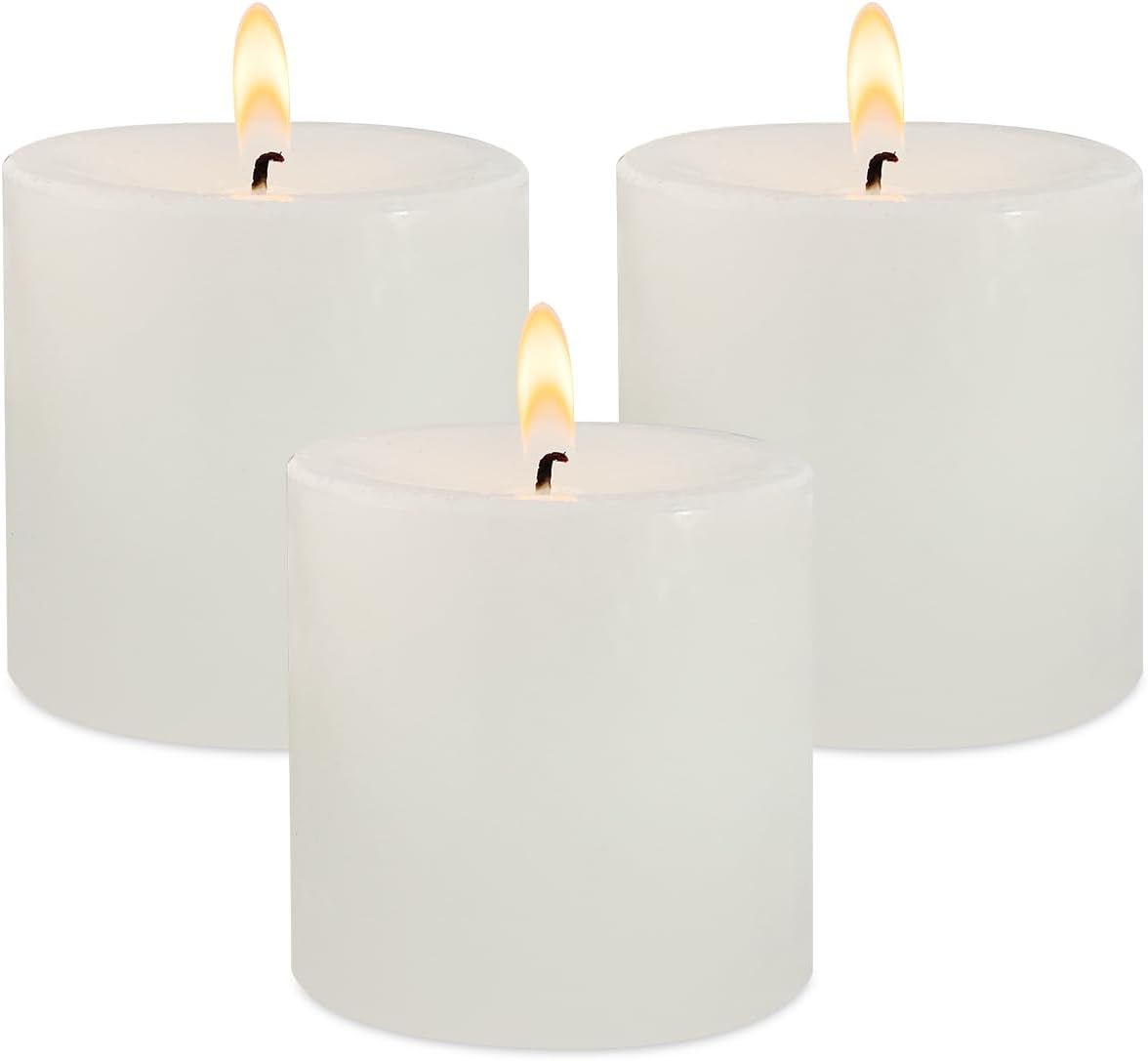 3" x 3" Hand-Poured Unscented White Pillar Candles, Dripless Candles Set of 3, Smokeless, Clean Burning, Approx 40 Hours Burn Time, Wedding, Dinner, Christmas and Home Decor