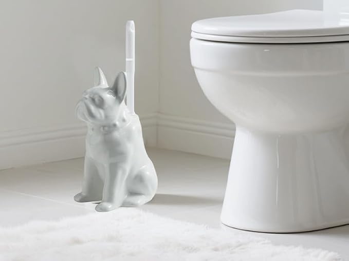 Comeon Ceramic Dog White Toilet Brush and Holder Set, Plastic Handle