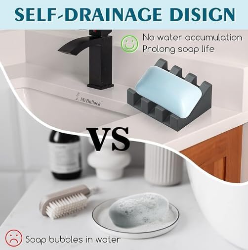 Silicone Soap Dish, Bar Soap Holder for Shower Bathroom, Kitchen, Bathtub, Self Draining Waterfall Drying Tray Keep Soap Bars Dry Clean & Easy Cleaning (Grey)