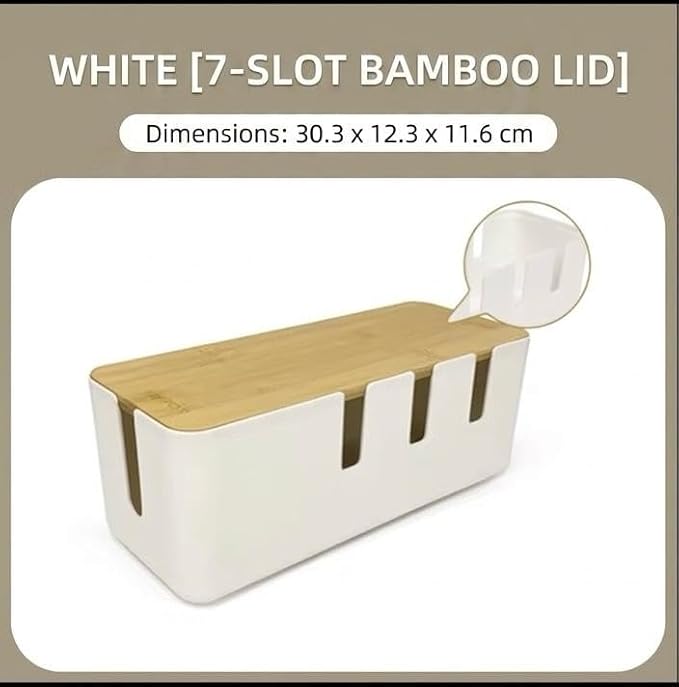 Cable Management Box with Bamboo Lid, Large Cord Organizer Box for Power Strips, Surge Protector & Charger Cables, Wire Hider Organizer for Home, Office, Desk & TV Stand, White (30.3 x 12.3 x 11.6 cm)